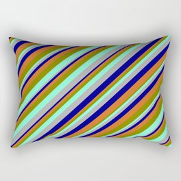 [ Thumbnail: Eyecatching Dark Grey, Blue, Chocolate, Green, and Aquamarine Colored Striped Pattern Rectangular Pillow ]