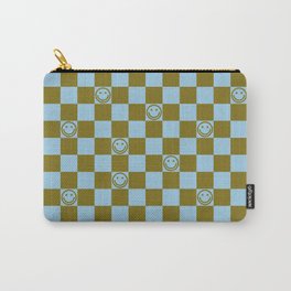 Checkered Smiley Faces \\ Autumn Grass Color & Pastel Blue Carry-All Pouch