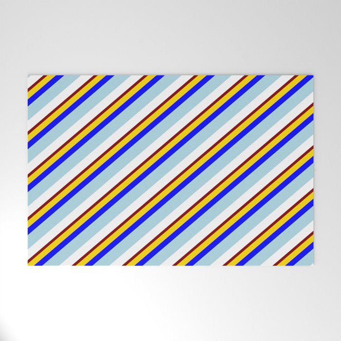 Eye-catching Yellow, Blue, Light Blue, White & Maroon Colored Lines Pattern Welcome Mat