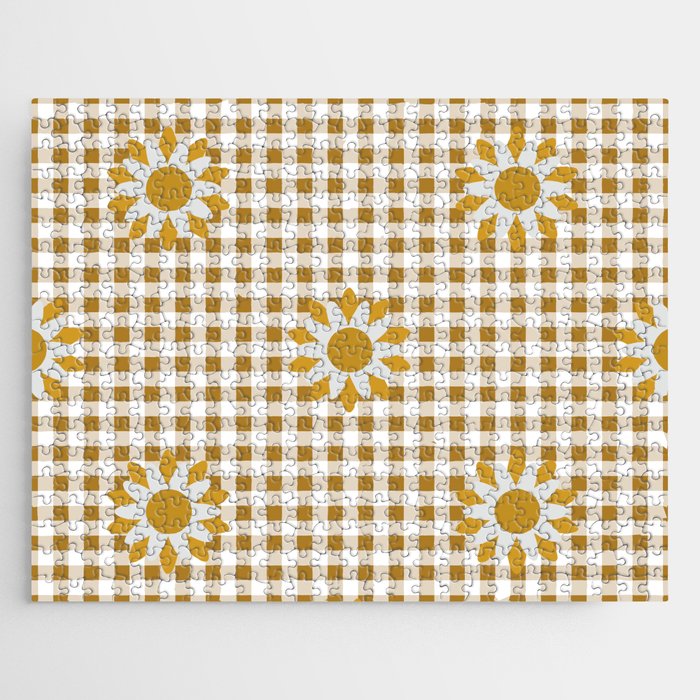 Yellow Gold Ochre Colored Checker Board Effect Grid Illustration with Mustard Daisy Flowers Jigsaw Puzzle