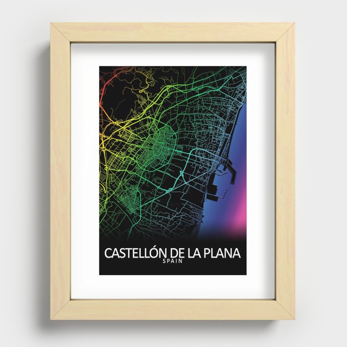 Castellón de la Plana, Spain, City, Map, Rainbow, Map, Art, Print Recessed Framed Print