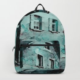 Old Stone House - watercolor art Backpack | Architecture, Mixedmedia, Watercolor, Homedecor, Stonehome, Germanvillage, Teal, Watercolorart, Painting, Historic 
