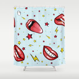 Seamless pattern cartoon comic super speech bubble labels with text, sexy open red lips with teeth, retro pop art illustration, halftone dot vintage effect background Shower Curtain