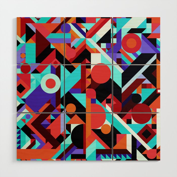 Crazy Chaos Abstract Geometric Shapes Pattern Orange Red White Black Blues Wood Wall Art By Aej Design Society6