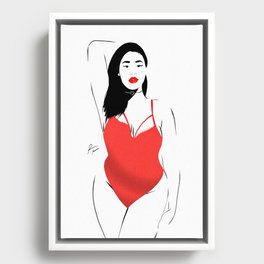 Beautiful woman posing in red swimsuit and lipstick Framed Canvas