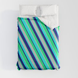 [ Thumbnail: Light Gray, Cyan, Dark Blue & Green Colored Lines Pattern Duvet Cover ]
