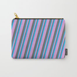[ Thumbnail: Plum, Dim Gray, and Deep Sky Blue Colored Striped Pattern Carry-All Pouch ]