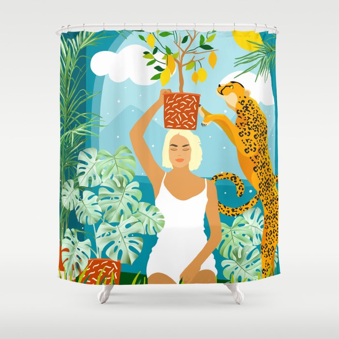 Bring The Jungle Home Illustration, Tropical Cheetah Wild Cat & Woman Painting Shower Curtain