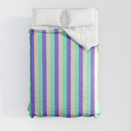 [ Thumbnail: Aquamarine, Medium Slate Blue, and Beige Colored Lined Pattern Comforter ]