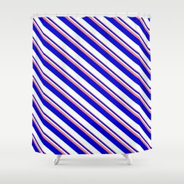 [ Thumbnail: Light Coral, Blue, and Mint Cream Colored Striped Pattern Shower Curtain ]