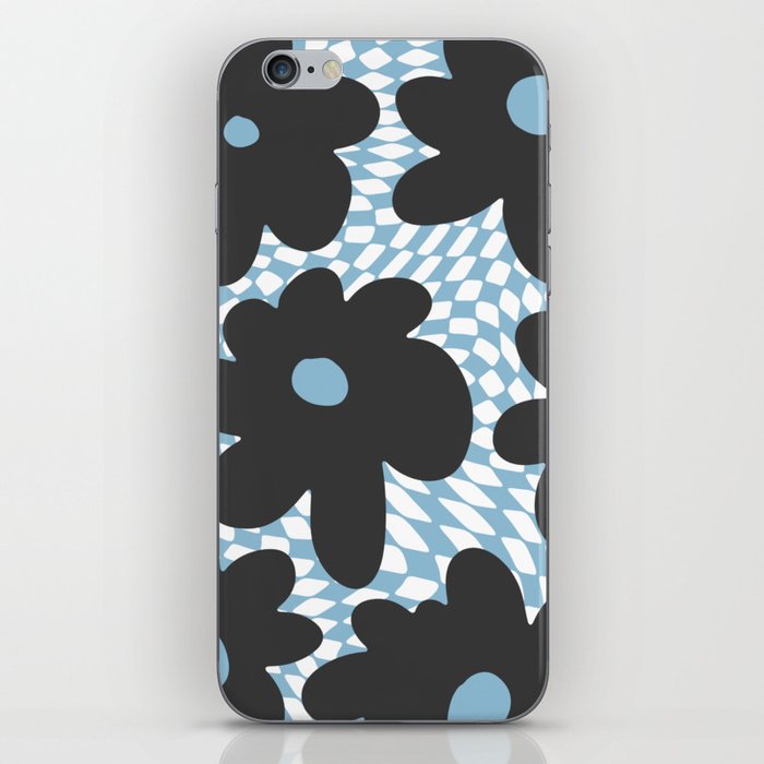  Retro Flowers on Warped Checkerboard \\ DARK GREY AND PASTEL BLUE COLOR PALETTE iPhone Skin