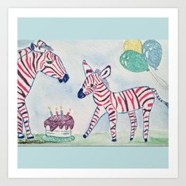 Zebra Party with Cake and Balloons Art Print | Watercolor, Ink Pen, Balloons, Nature, Zebras, Cute, Painting, Drawing, Illustration, Jungle 