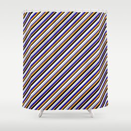 [ Thumbnail: Eyecatching Blue, Orange, Black, Mint Cream, and Grey Colored Lined Pattern Shower Curtain ]