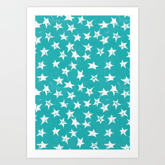 Linocut Stars - Verdigris & White Art Print