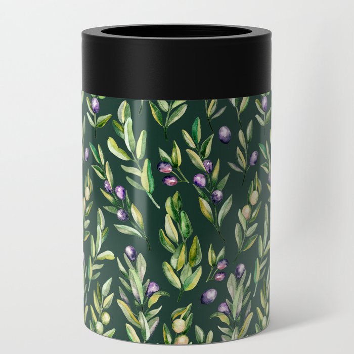 Scattered Olive Branches on Dark Green Can Cooler