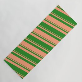[ Thumbnail: Forest Green & Light Salmon Colored Lined/Striped Pattern Yoga Mat ]