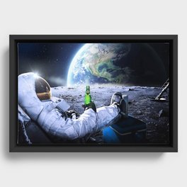 Astronaut on the Moon with beer Framed Canvas