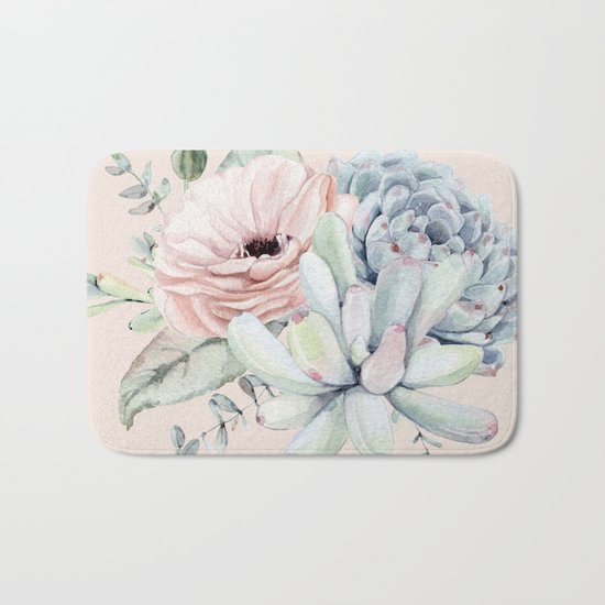 Elegant Blush Pink Succulent Garden by Nature Magick Bath Mat