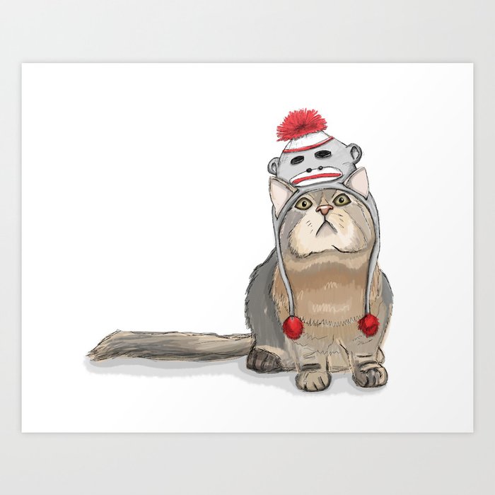 Sock Monkey Hat Cat Art Print By Spectralstories Society6 Sock Monkey Hat Cat Art Print