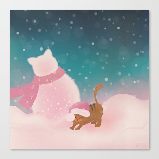 Snow Tabby Cat & Her Snowman, Indigo Snowy Background Canvas Print