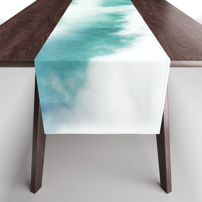 foggy mountain mint green aesthetic landscape art altered photography Table Runner
