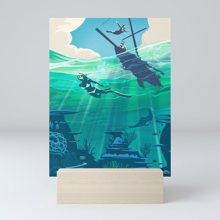 Retro Travel Coral Reef Diver Mini Art Print
