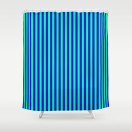 [ Thumbnail: Green and Blue Colored Lined/Striped Pattern Shower Curtain ]