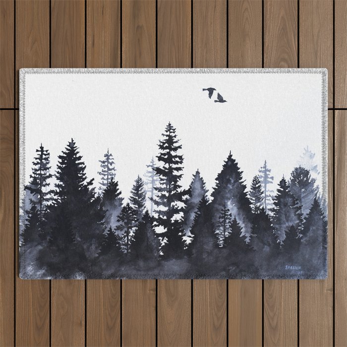 Forest Silhouette Watercolor Outdoor Rug