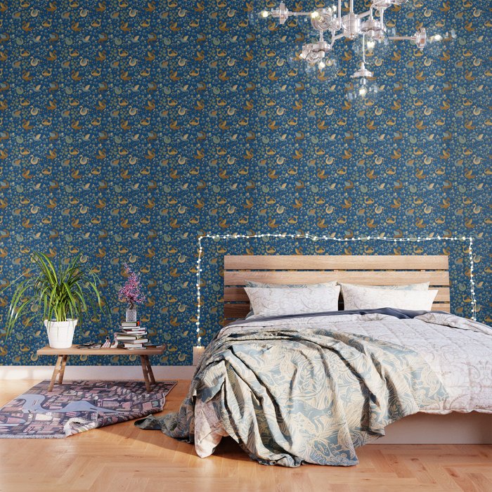 Dragons and Flowers on Classic Blue Wallpaper
