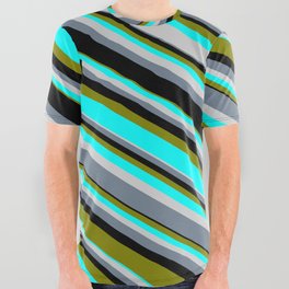 [ Thumbnail: Colorful Black, Green, Aqua, Light Gray, and Slate Gray Colored Stripes/Lines Pattern All Over Graphic Tee ]