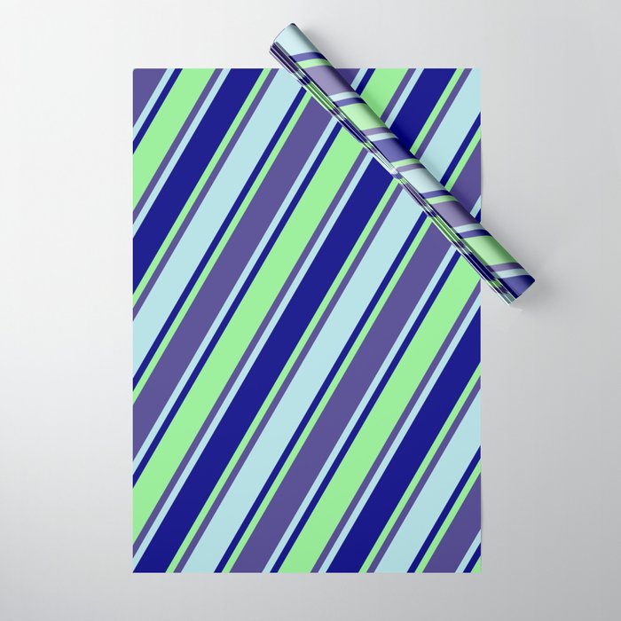 Dark Slate Blue, Powder Blue, Blue, and Light Green Colored Pattern of Stripes Wrapping Paper