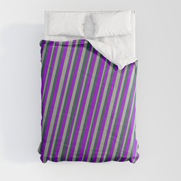 [ Thumbnail: Dark Violet, Dark Gray, and Dark Slate Gray Colored Striped Pattern Comforter ]