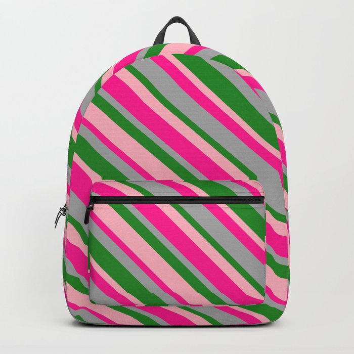 Deep Pink, Dark Gray, Forest Green, and Light Pink Colored Lines/Stripes Pattern Backpack