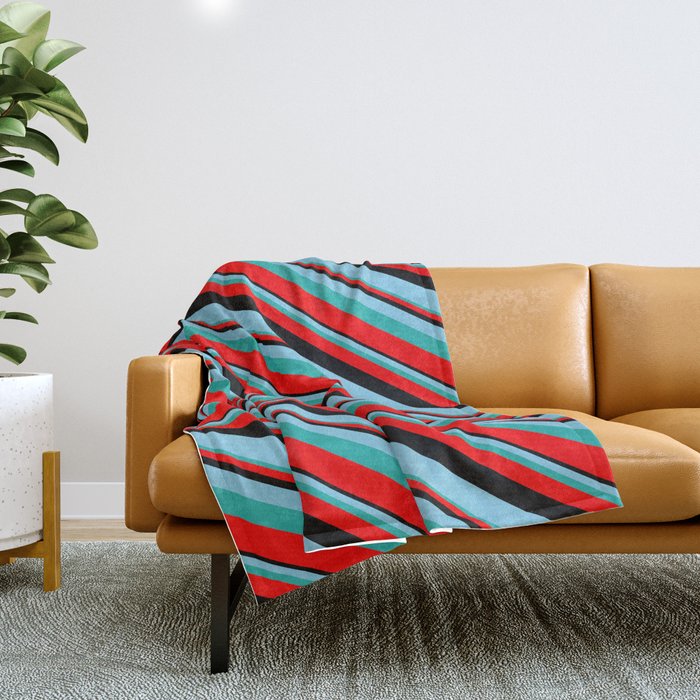 Black, Sky Blue, Light Sea Green & Red Colored Lines/Stripes Pattern Throw Blanket