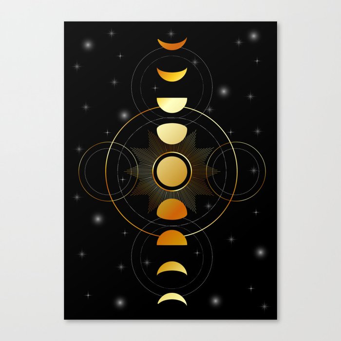 Celestial Moon phases stars and galaxy in gold Canvas Print
