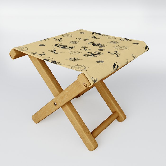 Beige And Black Silhouettes Of Vintage Nautical Pattern Folding Stool