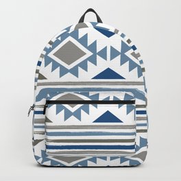 SouthWestern Boho Tribal Pattern of Painted Stripes and Geometric Shapes in Aztec Blue and Gray Backpack
