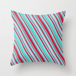 [ Thumbnail: Turquoise, Crimson, and Light Blue Colored Lined Pattern Throw Pillow ]
