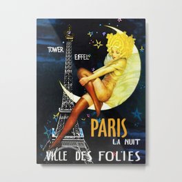 Vintage Paris La Nuit Ville Des Folies Eiffel Tower and Moon Advertising Poster Metal Print | Advertisement, Paris, Leftbank, Girl, Gig, Airfrance, Vintage, Travel, Notredame, Europe 