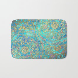 Sapphire & Jade Stained Glass Mandalas Bath Mat | Pattern, Painting, Green, Micklyn, Saturated, Gold, Doodle, Emerald, Drawing, Medallion 