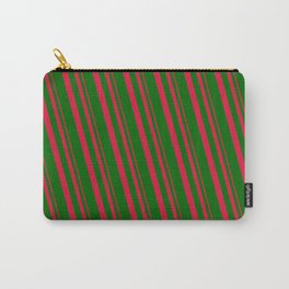 [ Thumbnail: Crimson & Dark Green Colored Lined/Striped Pattern Carry-All Pouch ]