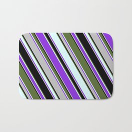 [ Thumbnail: Colorful Dark Olive Green, Light Cyan, Purple, Grey, and Black Colored Lined/Striped Pattern Bath Mat ]