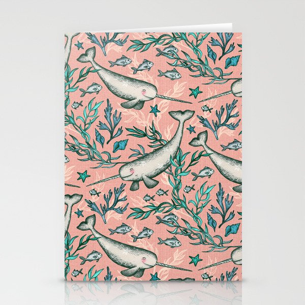 Narwhal Toile - peach pink Stationery Cards