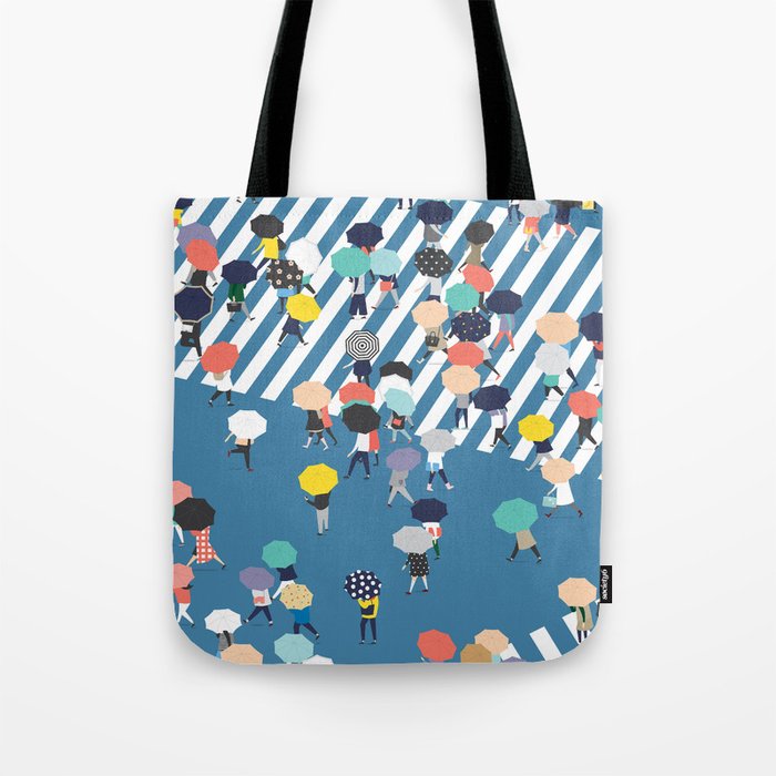 Crossing The Street On a Rainy Day - Blue Tote Bag
