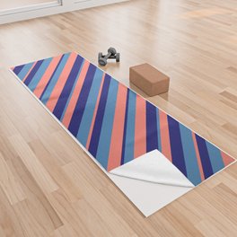 [ Thumbnail: Blue, Midnight Blue, and Salmon Colored Stripes Pattern Yoga Towel ]
