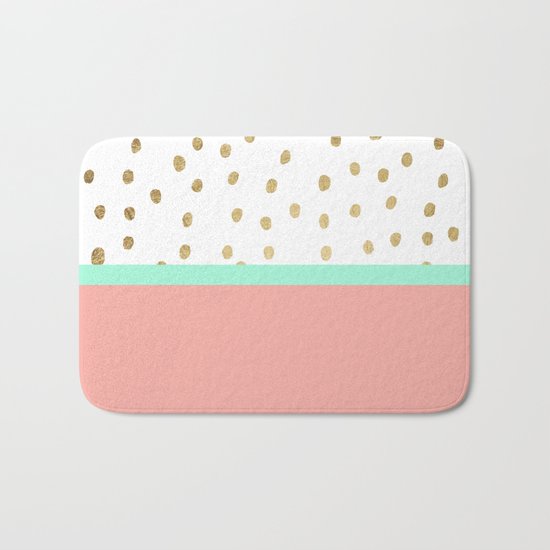 Coral teal color block faux gold foil polka dots pattern Bath Mat