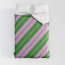 [ Thumbnail: Plum and Forest Green Colored Pattern of Stripes Comforter ]