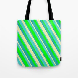 [ Thumbnail: Lime, Light Sea Green, Pale Goldenrod & Turquoise Colored Stripes/Lines Pattern Tote Bag ]