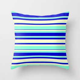 [ Thumbnail: Light Yellow, Aquamarine, and Blue Colored Striped/Lined Pattern Throw Pillow ]