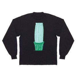Mint Green Line Art - Catcus - Cat Cactus - Plant Lover Long Sleeve T Shirt